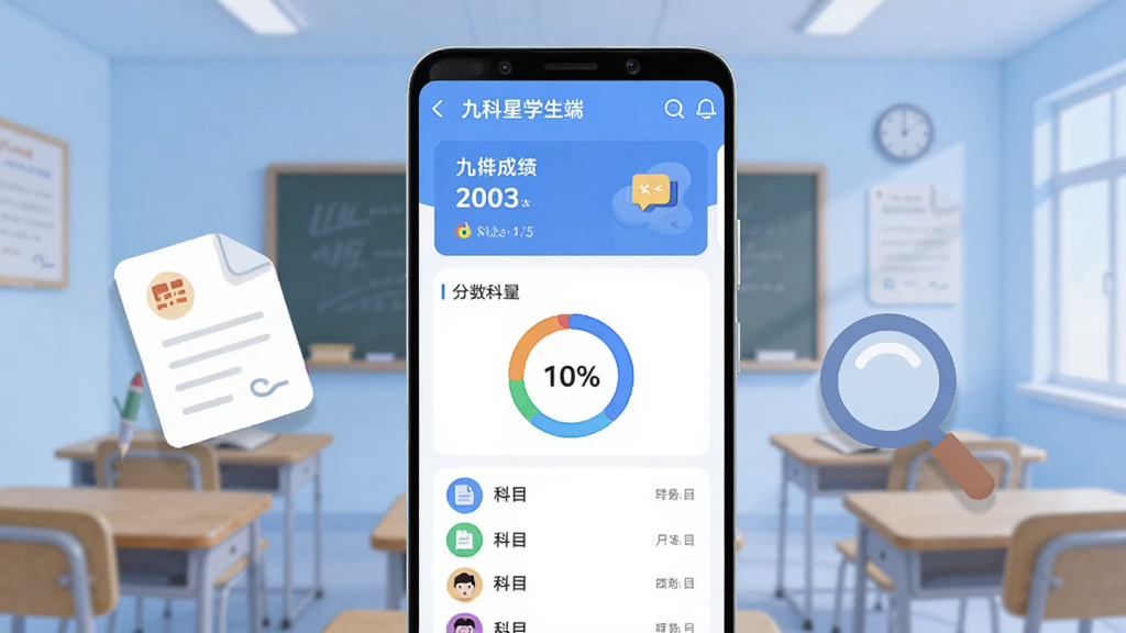 画面主体为一部竖屏安卓手机,手机屏幕中央显示九科星学生端应用界面,界面包含成绩卡片、分数环形图与科目列表,手机两侧漂浮着试卷图标与放大镜图标,背景为浅蓝色渐变教室场景,整体采用扁平化插画风格,细节包括柔和的投影与圆角图标,画质清晰干净,无多余元素