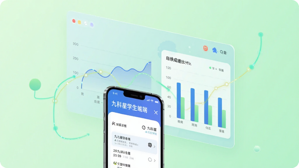 画面主体为一张悬浮在空中的半透明数据面板,面板上绘制着折线趋势图与柱状对比图,面板前方放置一部手机,手机屏幕显示九科星学生端的成绩详情页,背景为柔和的浅绿色渐变,风格为科技感扁平插画,细节包括发光的数据线条与圆角卡片,画质清晰干净,无多余元素