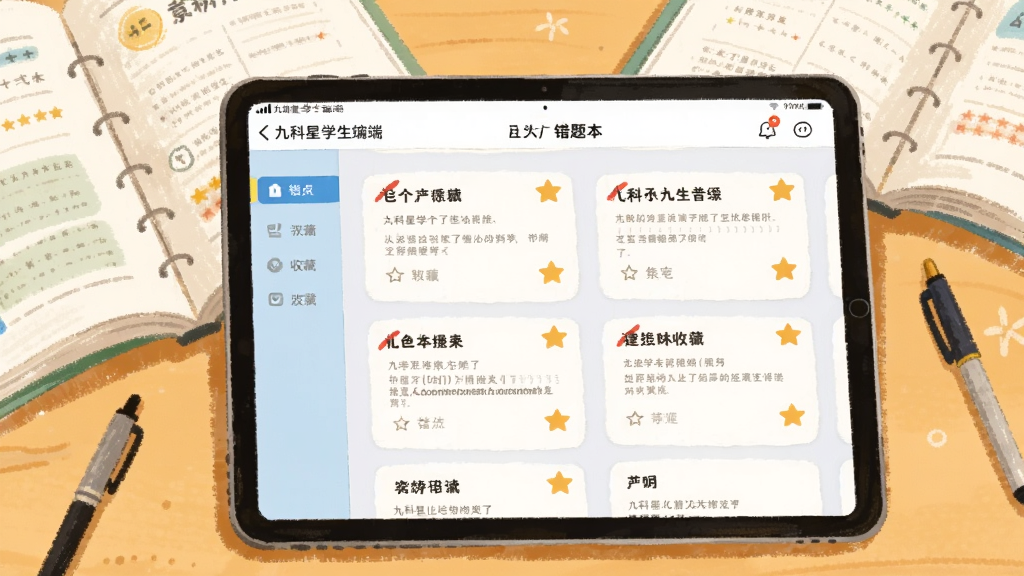 画面主体为一部横屏平板电脑,屏幕显示九科星学生端的错题本界面,界面中排列着带红色标记的题目卡片与收藏星标,平板旁边散落着几本翻开的练习册与一支笔,背景为暖黄色书桌场景,风格为温馨手绘插画,细节包括纸张纹理与柔和光影,画质清晰干净,无多余元素