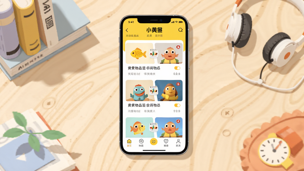 画面主体是一部智能手机竖屏展示小黄鱼应用首页界面,界面中有闲置物品卡片列表与底部导航栏,布局为手机居中放置于浅色木质桌面,周围点缀几件生活闲置物品如书本、耳机、小摆件,排版简洁留白充足,风格为清新明快的现代扁平化插画风,细节上手机屏幕内文字清晰写着“小黄鱼”,桌面物品有柔和投影,画质高清干净无多余元素