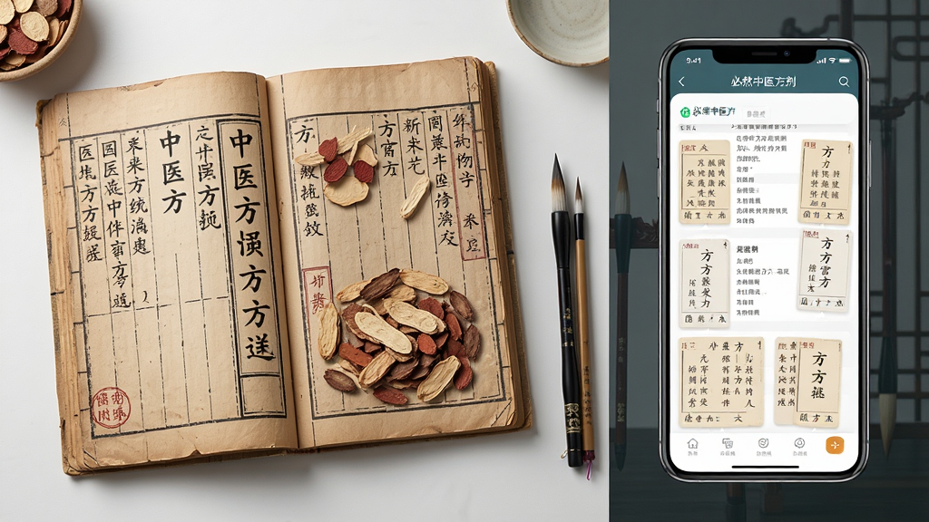 画面主体是一本展开的中医方剂古籍与现代手机屏幕并排呈现,手机屏幕显示必然中医方剂详情页,布局为左右对比构图,排版左侧古籍右侧手机,风格为写实与UI混合风格,细节包含药材饮片、毛笔、方剂文字卡片,画质清晰干净,无多余元素