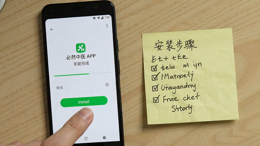 画面主体是一部安卓手机显示必然中医APP安装完成界面,旁边放置一张写有安装步骤的便签纸,布局为桌面俯拍构图,排版手机与便签左右呼应,风格为生活化实拍风格,细节包含手指点击安装按钮、进度条、便签上的勾选清单,画质清晰干净,无多余元素