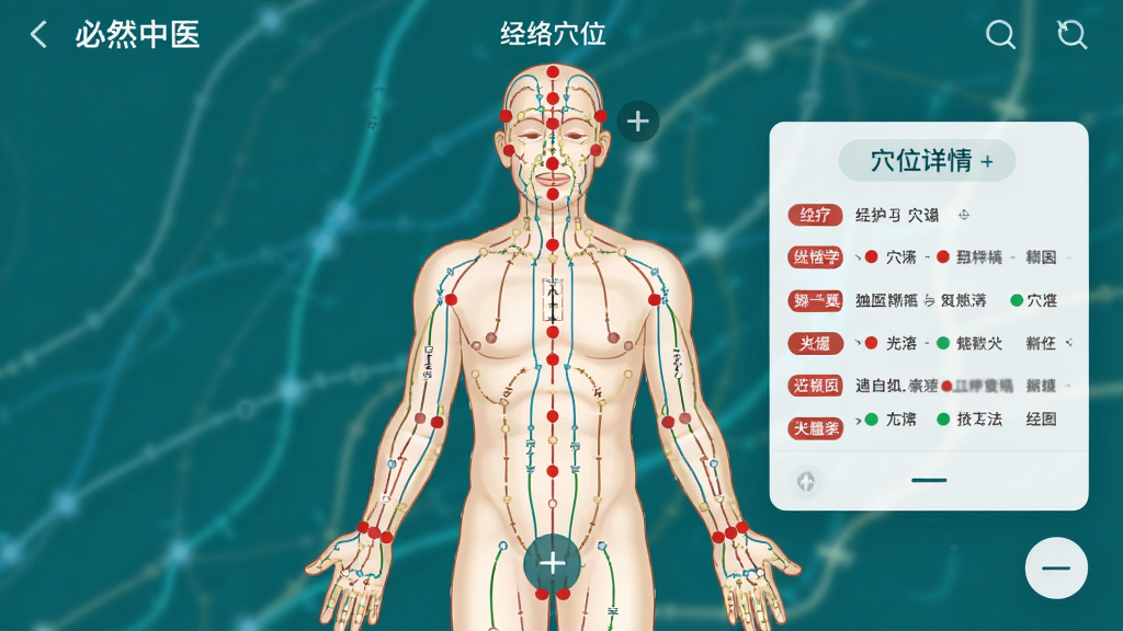 画面主体是必然中医APP经络穴位页面截图,画面中央为人体正面经络图,穴位以红色圆点标注,右侧浮出穴位详情卡片,布局为居中展示,排版上下结构,风格为医疗科普插画风格,细节包含经络线条、穴位名称标签、缩放按钮,画质高清干净,无多余元素