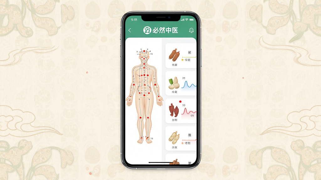 画面主体是一部竖屏智能手机,屏幕中央显示必然中医APP首页界面,左侧为中医经络穴位人形图,右侧为方剂卡片列表,背景为浅米色中医风格纹理,布局采用居中对称构图,排版简洁清晰,风格为现代扁平化UI展示风格,细节包含药材图标、脉象曲线、穴位红点标注,画质高清干净,无多余元素