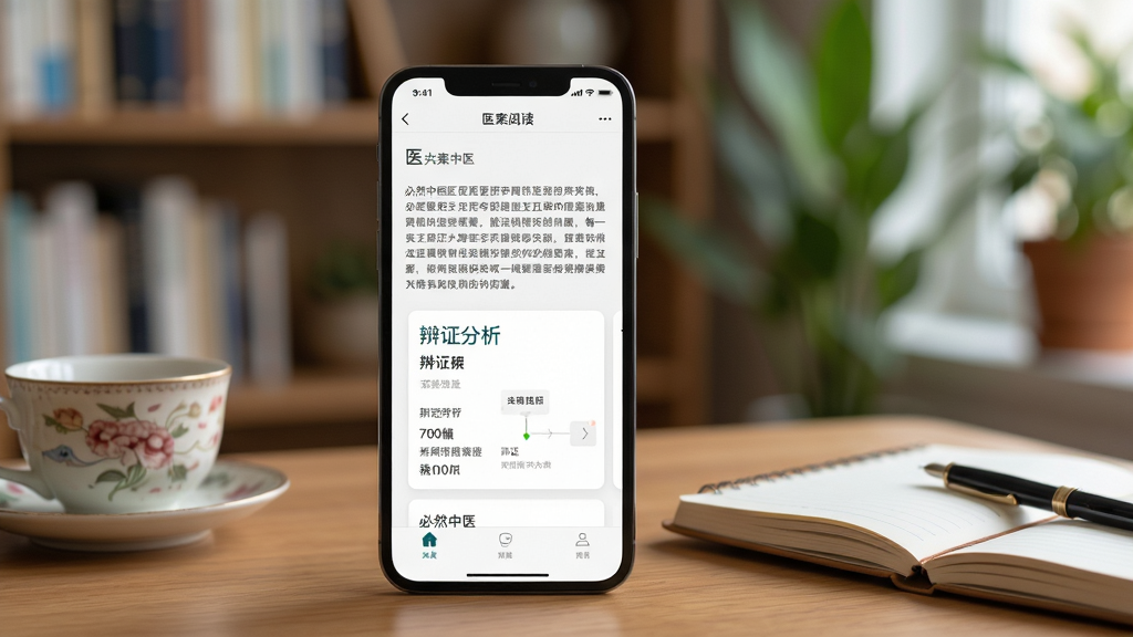 画面主体是必然中医APP医案阅读界面,屏幕显示一篇医案文字与辨证分析卡片,背景为书架与绿植虚化,布局为手机居中放置于桌面上,排版简洁,风格为生活场景实拍风格,细节包含茶杯、笔记本、柔和自然光,画质清晰干净,无多余元素