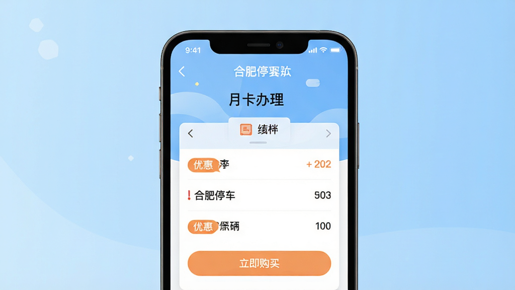 一张展示手机应用内月卡购买页面的效果图,主体为手机屏幕显示“月卡办理”与价格套餐列表,布局为上下结构,背景为浅蓝色渐变,风格为清新扁平化设计,细节包含优惠标签与立即购买按钮,画质清晰,画面中文字为“合肥停车 月卡优惠”,干净无多余元素