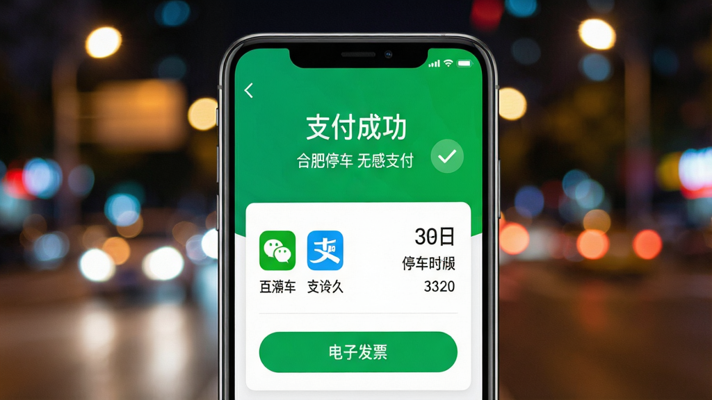 一张展示手机支付成功界面的特写图,主体为手机屏幕显示“支付成功”与停车时长、费用明细,布局居中,背景为虚化的城市夜景灯光,风格为现代UI界面展示,细节包含微信与支付宝图标、电子发票按钮,画质干净明亮,画面中文字为“合肥停车 无感支付”,无多余元素
