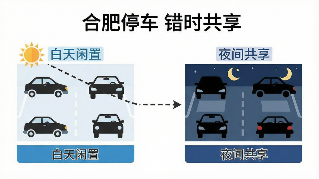 一张表现城市停车资源共享概念的示意图,主体为左右两个停车区域通过虚线箭头连接,左侧标注“白天闲置”右侧标注“夜间共享”,布局对等,风格为简约信息图表,细节包含太阳与月亮图标、车辆剪影,画质干净,画面中文字为“合肥停车 错时共享”,无多余元素