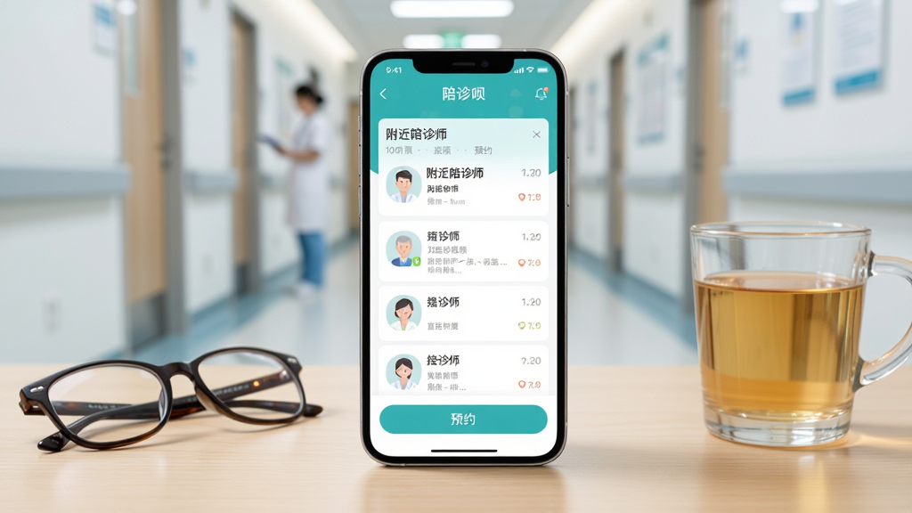 画面主体为一部智能手机,屏幕显示“陪诊呗”APP首页界面,界面包含附近陪诊师列表与预约按钮,手机放置在一张浅色木质桌面上,旁边有一副眼镜和一杯温水,背景为虚化的医院走廊环境,整体布局居中对称,风格为清爽现代的UI展示风,细节上突出屏幕内容与柔和光影,画质清晰干净,无多余元素
