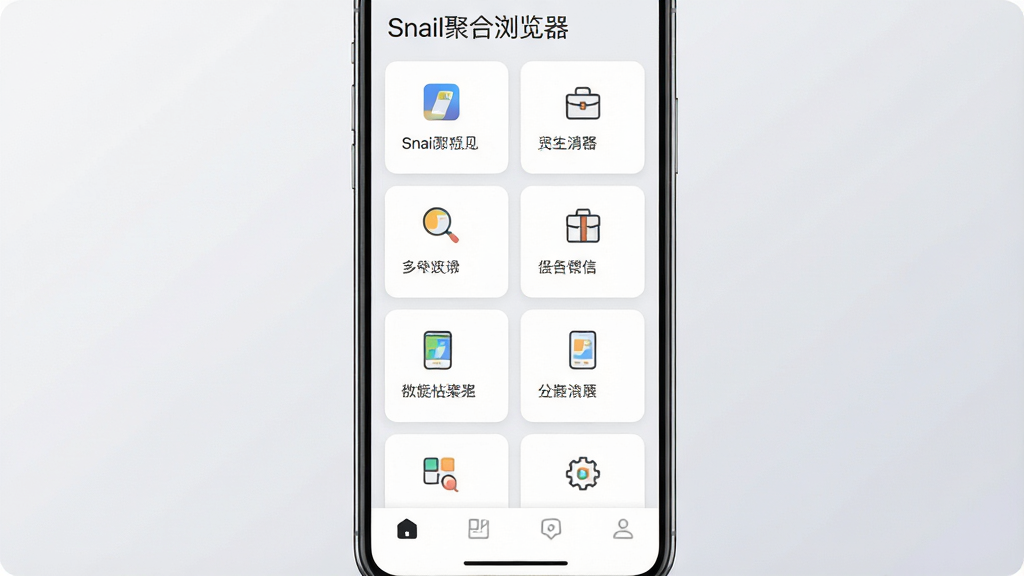 主体是一部手机展示聚合首页,屏幕上以网格形式排列多个功能入口卡片,每张卡片配简洁图标;布局为手机正面居中,背景为柔和浅灰渐变;排版整齐、留白充足;风格为清爽扁平化设计;细节包括卡片圆角、图标线性化、底部导航栏简洁;画质高清干净,无杂乱元素,屏幕中可呈现文字