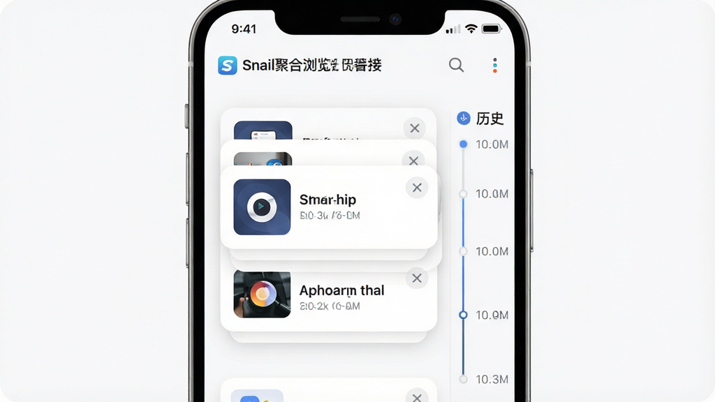 主体是手机屏幕展示多标签管理界面,标签以卡片堆叠形式呈现;布局为手机居中,背景留白;排版突出标签卡片层次;风格为简约现代UI;细节包括标签缩略图、关闭按钮、历史时间线侧栏;画质高清干净,无多余元素,界面中可出现文字