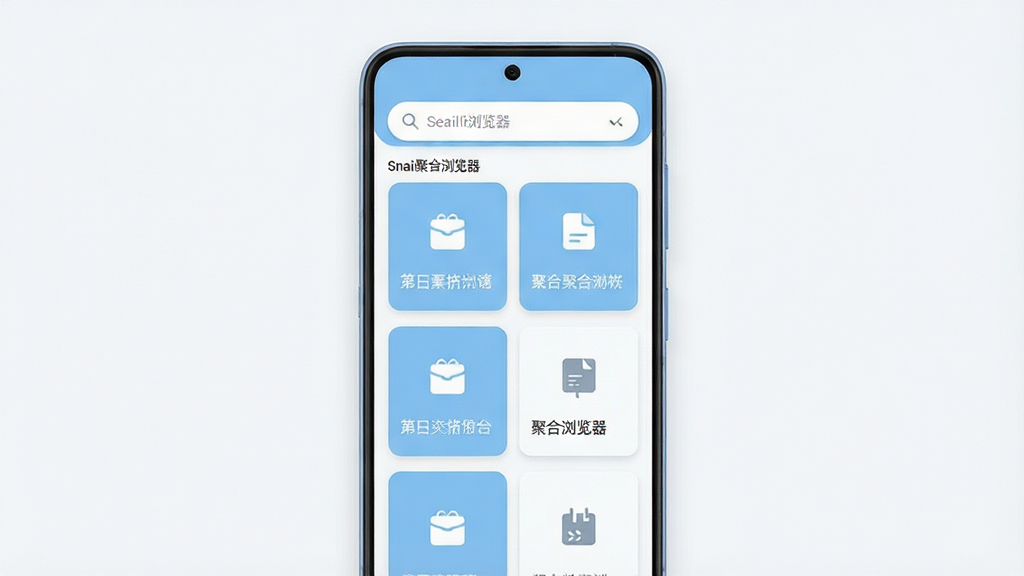 主体是一台竖屏安卓手机,屏幕中央显示简洁的浏览器首页界面,顶部搜索框,下方排列多个聚合入口卡片;布局为手机居中、浅色背景留白;排版干净利落,卡片间距均匀;风格为现代扁平化UI设计,浅蓝与白色主色调;细节包括圆角搜索框、简洁图标、轻微阴影层次;画质清晰干净,无多余元素,画面中可出现文字