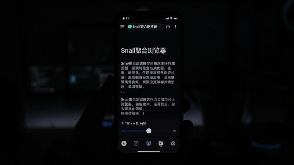 主体是一部手机在暗光环境下显示深色模式网页,文字清晰柔和;布局为手机居中,背景为深色环境;排版简洁;风格为夜间科技风;细节包括深色背景、柔和文字、亮度调节滑块;画质干净清晰,无多余元素,屏幕中可呈现文字