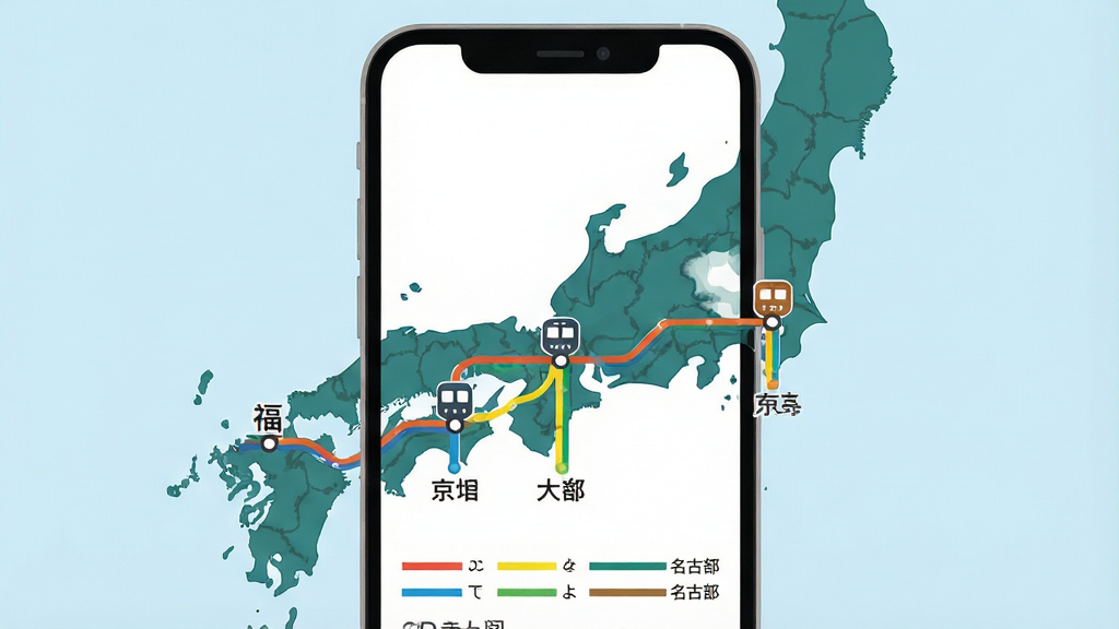 一张日本地铁应用界面截图风格插画,画面呈现日本地图轮廓,上面分布着东京、大阪、京都、名古屋、福冈五个城市图标,每个图标下方连接着彩色地铁线路示意,主体为手机屏幕居中展示,布局为上下结构,风格为信息图表式扁平插画,细节包含城市名称标签与线路颜色图例,画质清晰,画面干净,无多余元素