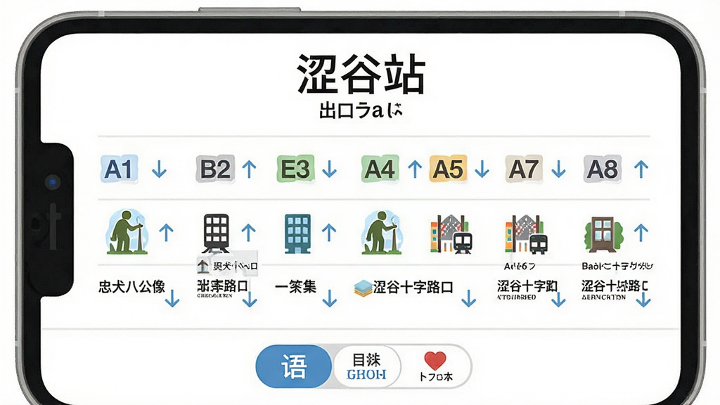 日本地铁应用站点详情页面插画,手机屏幕中央显示站名“涩谷站”及罗马音,下方排列出口编号A1至A8,每个出口旁标注周边地标如“忠犬八公像”“涩谷十字路口”,屏幕底部有语言切换按钮显示中文、英文、日文,布局为信息列表式,风格为清新扁平化设计,细节包含地标小图标与步行方向箭头,画质清晰,画面干净,无多余元素