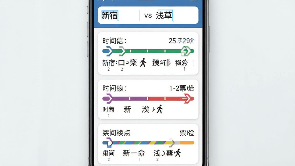 手机界面展示日本地铁换乘查询结果页面,屏幕上方输入框显示起点“新宿”与终点“浅草”,下方列出三条路线方案,每条方案用卡片形式呈现,标注时间、换乘次数与票价,卡片内包含线路颜色条与站名列表,整体布局为垂直列表,风格为简洁卡片式UI,细节包含换乘箭头图标与步行小人标识,画质高清,画面干净,无多余元素