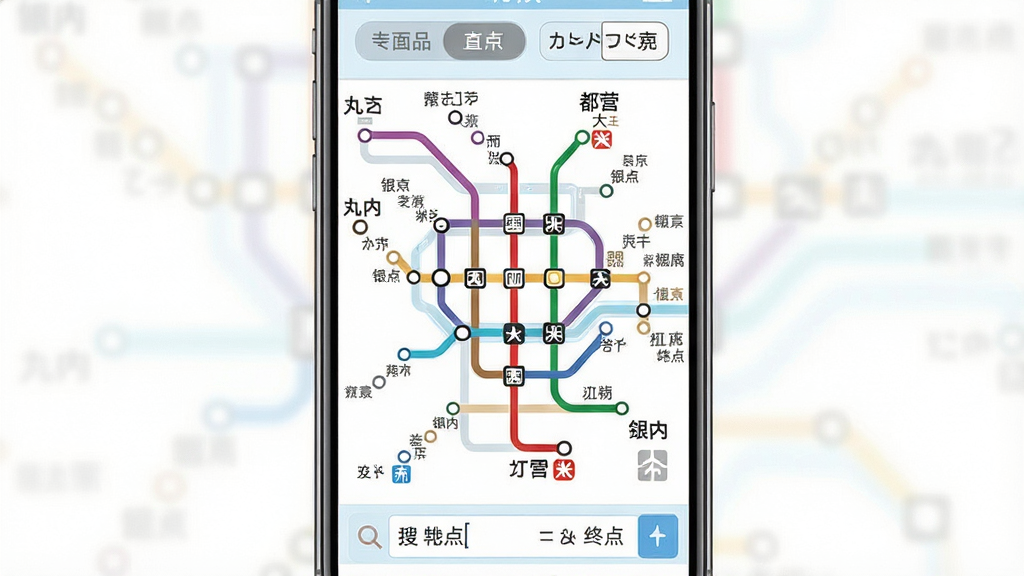 一张手机屏幕展示日本地铁应用主界面,画面中央是东京地铁线路图,用不同颜色区分银座线、丸之内线与都营大江户线,顶部有语言切换按钮显示中文与日文,底部搜索栏输入起点与终点,整体布局清晰,风格为扁平化UI设计,细节包含站点圆点标记与换乘图标,画质高清,画面干净,无多余元素