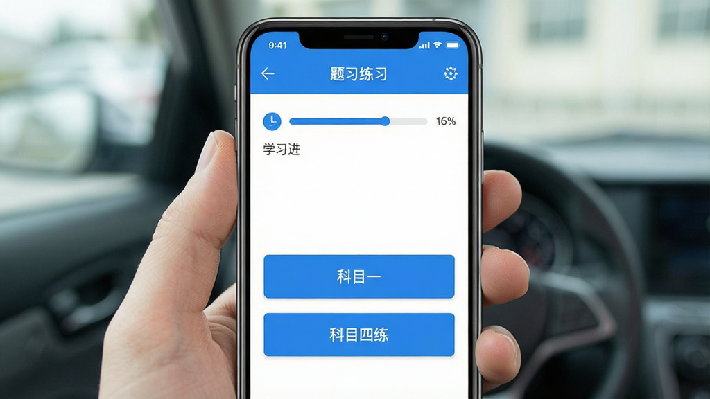 一张手机屏幕展示驾考学习软件首页的画面,画面中央是简洁的题库练习界面,顶部显示学习进度条,下方排列科目一、科目四练习入口按钮,整体布局清晰,风格为清爽的扁平化设计,色调以蓝白为主,细节干净利落,画质清晰,无多余元素