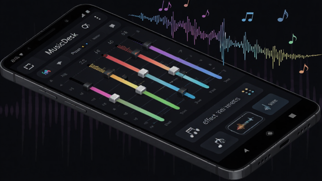 ��������Ϊһ����׿�ֻ��������ɫ����ǰ���ֻ���Ļ��ʾMusicDeck���������ڽ��棬�������ж�����ɫƵ�λ������ЧԤ�谴ť���ֻ��Ա�Ư�����������ߺ��������ţ����ֲ��öԽ��߹�ͼ�����Ϊ�Ƽ��а�ɫ�廭��ϸ����ͻ������Ľ���ɫ�ʺ������������У����������ɾ����޶���Ԫ��