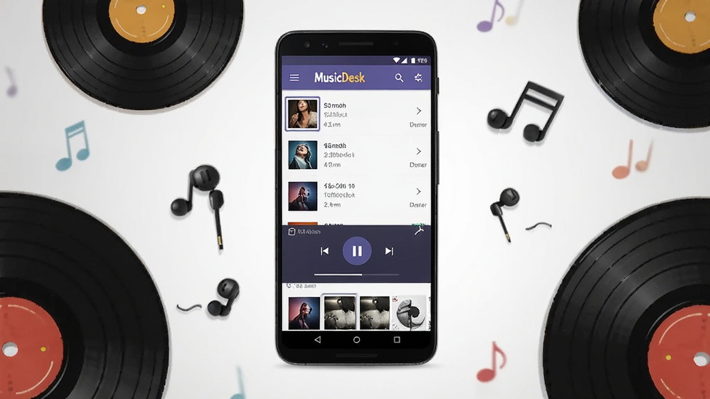 �����������һ����׿�ֻ����ֻ���Ļ����ʾMusicDeckӦ�������棬�����а��������б������ſ��ư�ť��ר����������ͼ���ֻ���Χɢ���źڽ���Ƭ�����ʽ�����ͼ�������ͼ�꣬����Ϊǳ�ҽ���ɫ�������ֲ��þ��жԳƹ�ͼ�����Ϊ��ƽ�����ֲ廭��ϸ����ͻ������Ԫ�ص������Ⱥ�ͼ���ʸУ����ʸɾ��������޶���װ��Ԫ��