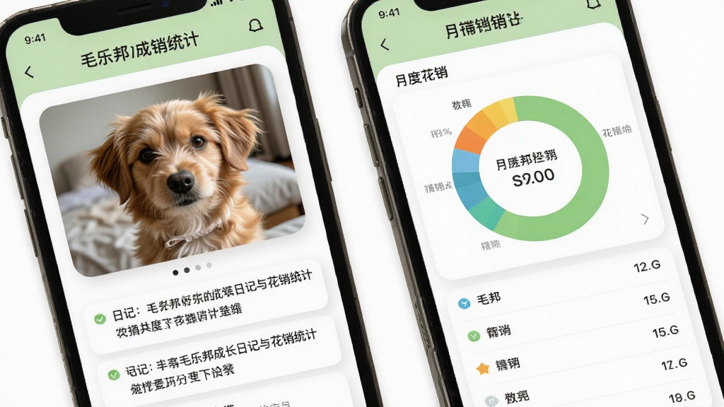 毛乐邦成长日记与花销统计界面,手机屏幕左侧显示宠物照片与文字日记条目,右侧显示月度花销环形图与分类列表,界面配色为浅绿与白色,风格清爽,细节丰富,画质干净,无多余元素