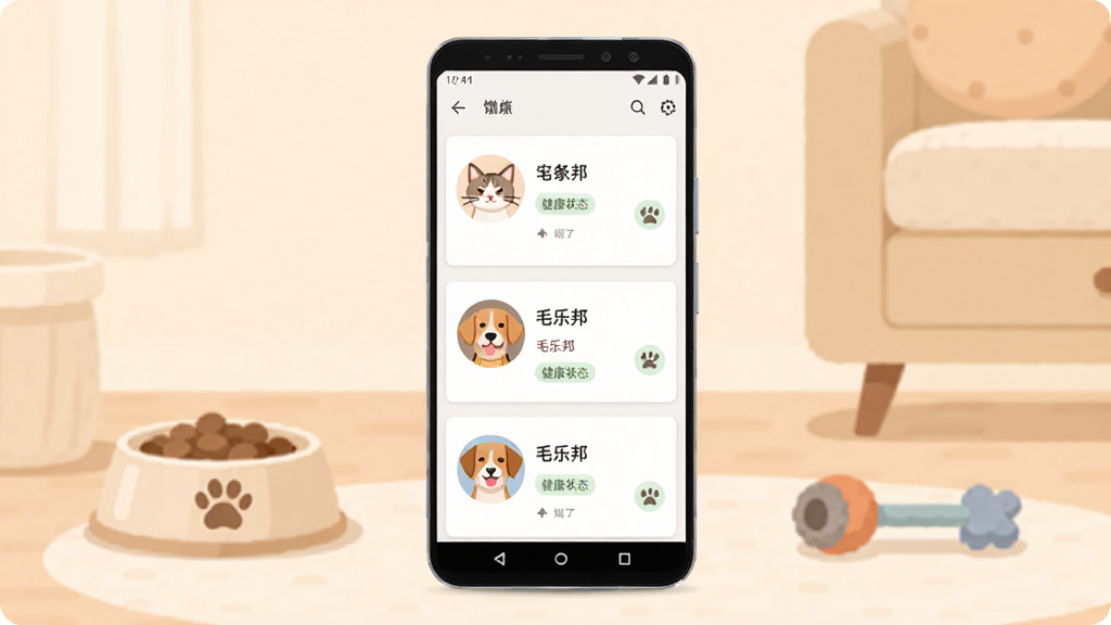 毛乐邦软件主界面展示,画面中央是一部竖屏安卓手机,手机屏幕上显示宠物档案卡片列表,包含猫咪和狗狗头像、名字与健康状态标签,背景为浅米色居家环境,旁边摆放宠物食盆与玩具,整体风格清新扁平化,色调温暖柔和,细节清晰,画质干净,无多余元素