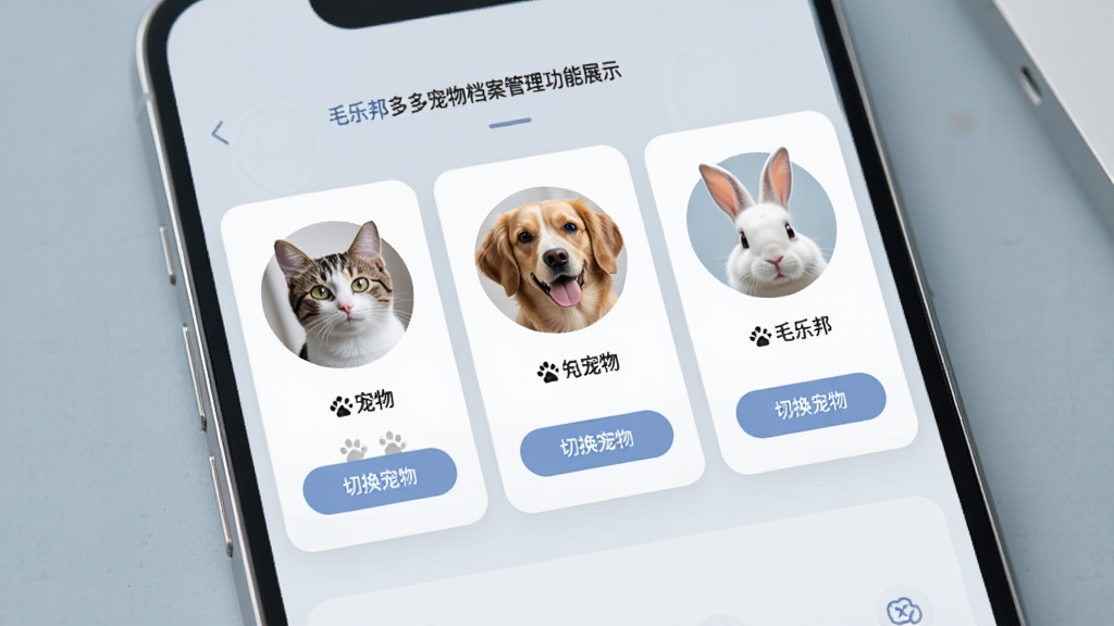 毛乐邦多宠物档案管理功能展示,画面为一部手机屏幕特写,屏幕上并排显示三张宠物档案卡片,分别标注猫咪、狗狗与兔子头像,卡片下方有