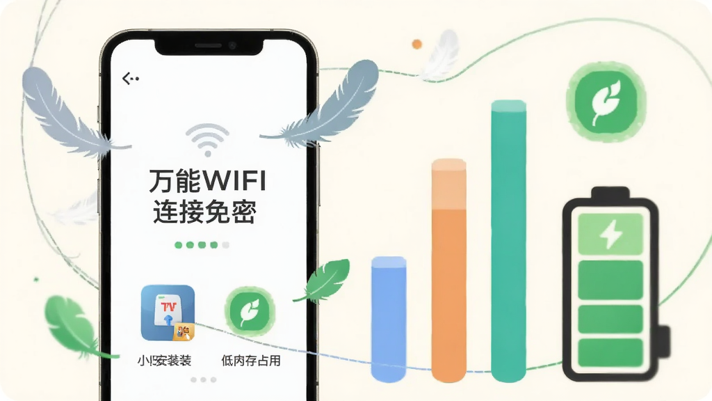 ����չʾһ���ֻ���һ�������������͵��ͼ�겢�����У��ֻ���Ļ����ʾ������WIFI�������ܡ�����״̬ҳ�棬��Χ����������ëͼ������ɫ���ܱ�ʶ������Ϊ��͵��װ�ɫ������Ϊ�ֻ���������ͼ�ξ����γɶԱȣ����Ϊ��Լ���±�ƽ�磬ϸ��ͻ��С�ɰ�װ�������ڴ�ռ�ú͵���ͼ�꣬���ʸɾ��������޶���װ��
