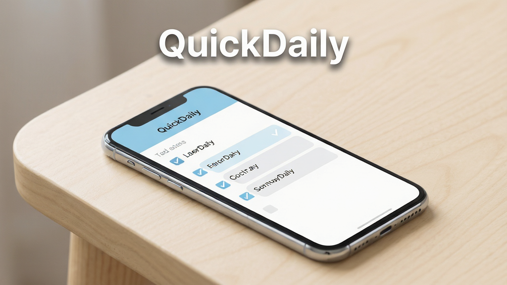 ����Ϊһ�������ֻ�����ǳɫ�����ϣ���Ļ��ʾ��Ϊ��QuickDaily���Ĵ����嵥���棬������ѡ�����ճ���Ŀ������Ϊ���й�ͼ���ֻ���΢��бչʾ��Ļ���ݣ��Ű��࣬�Ϸ����׷��������������֡�QuickDaily�������Ϊ�ִ���ƽ��UIչʾ���ɫ���԰ס�ǳ����ǳ��Ϊ����ϸ�ڰ����ֻ���Ե�߹⡢��Ļ���嵥��Ŀ�Ĺ�ѡ״̬����������΢ͶӰ�����������������ɾ��޶���Ԫ��