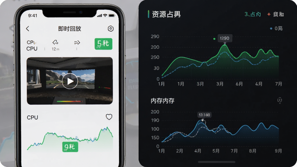 主体为手机与性能仪表盘组合,布局为手机在左、资源占用图表在右,排版平衡对称,风格为科技数据可视化风,细节包括CPU与内存占用曲线、手机屏幕内“即时回放”运行界面、绿色低耗标识,画质高清,干净,无多余元素