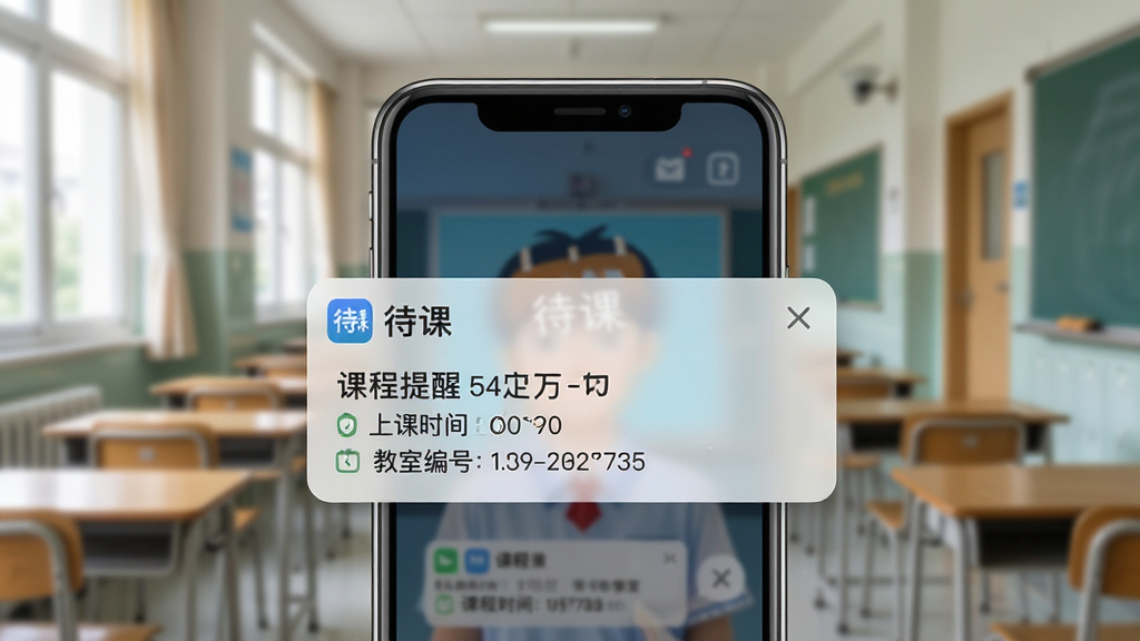 一张展示“待课”应用课前提醒功能的画面,主体是一部手机屏幕弹出课程提醒通知卡片,布局为手机居中、背景为虚化的教室走廊,排版突出通知卡片,风格为写实科技感,细节包括通知卡片上显示“待课”字样与课程名称、上课时间、教室编号,画质清晰、干净、无多余元素