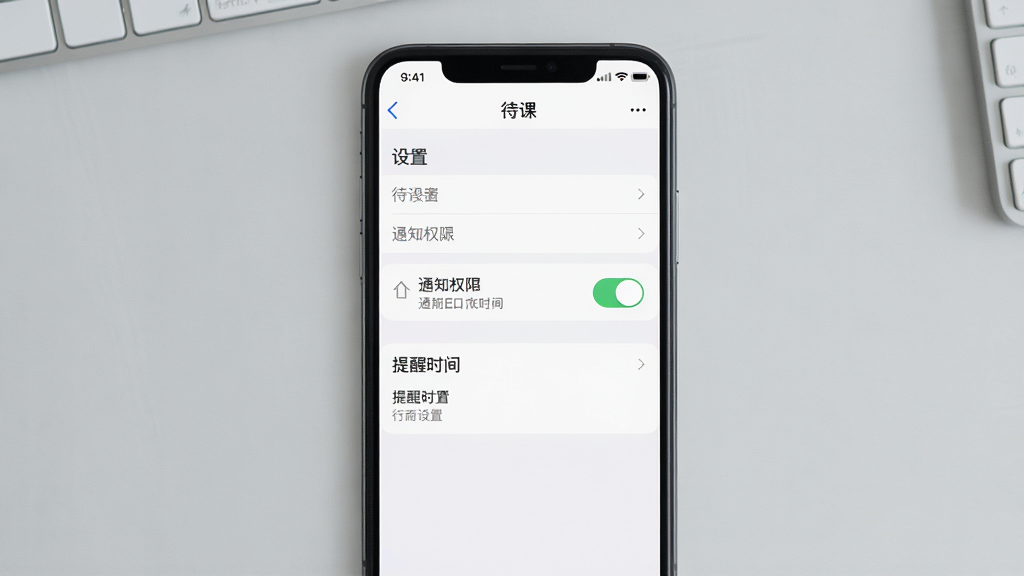 一张展示“待课”应用设置页面的手机截图风格画面,主体是手机屏幕显示通知权限开关与提醒时间设置选项,布局为手机居中、背景为浅灰桌面,排版清晰,风格为简洁实用风,细节包括页面顶部显示“待课”名称与设置列表项,画质清晰、干净、无多余元素