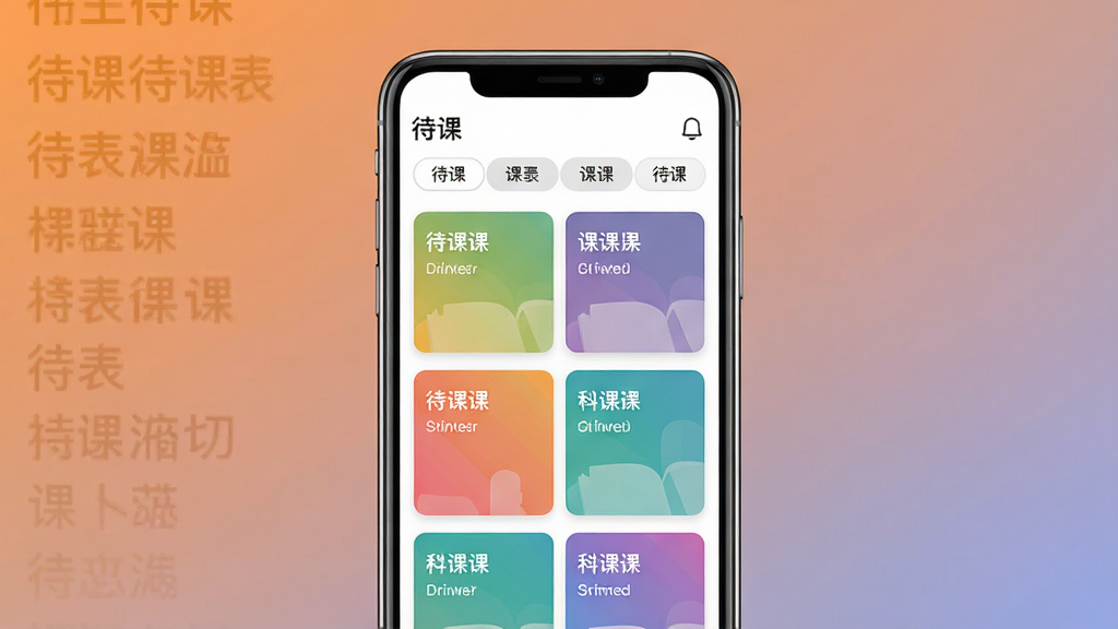 一张展示“待课”多课表切换功能的界面图,主体是手机屏幕显示顶部课表切换标签与下方彩色课程卡片,布局为手机正面居中、背景为纯色渐变,排版整齐,风格为现代扁平化设计,细节包括标签上显示“待课”应用名称与多个课表名称,画质清晰、干净、无多余元素