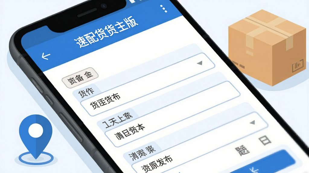 一部安卓手机屏幕特写,界面为“速配货货主版”货源发布页面,表单字段清晰排列,旁边有货物纸箱与定位图标点缀,扁平化插画风格,蓝白配色,画面干净,画质高清