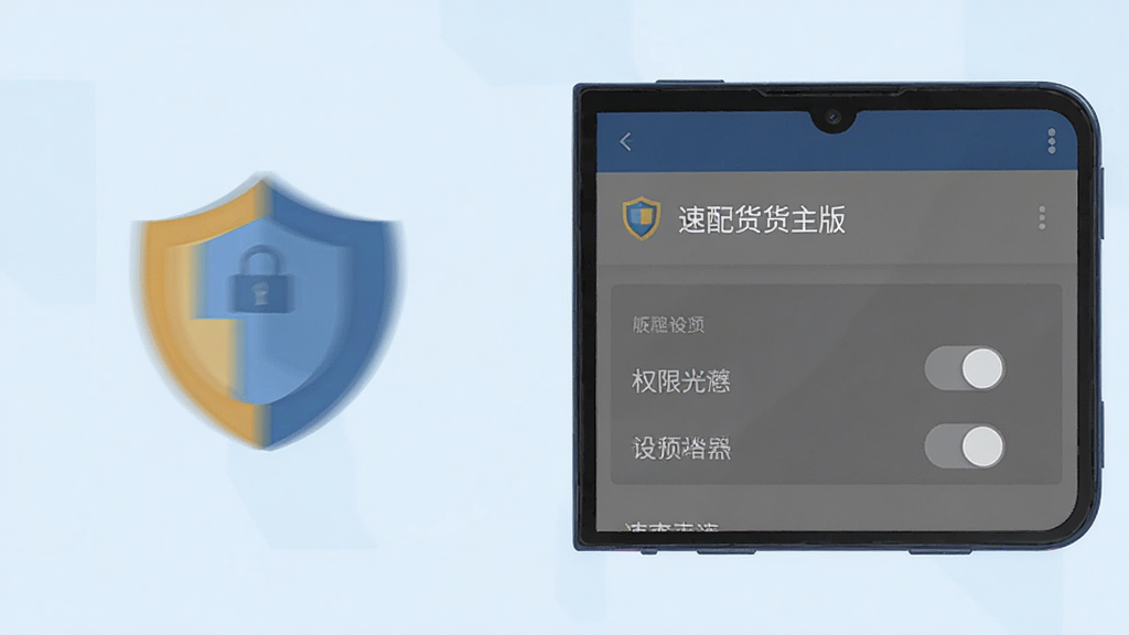 一部安卓手机屏幕显示“速配货货主版”设置页面,旁边配有盾牌图标与权限开关示意,扁平化插画风格,浅蓝色背景,画面干净整洁,画质高清