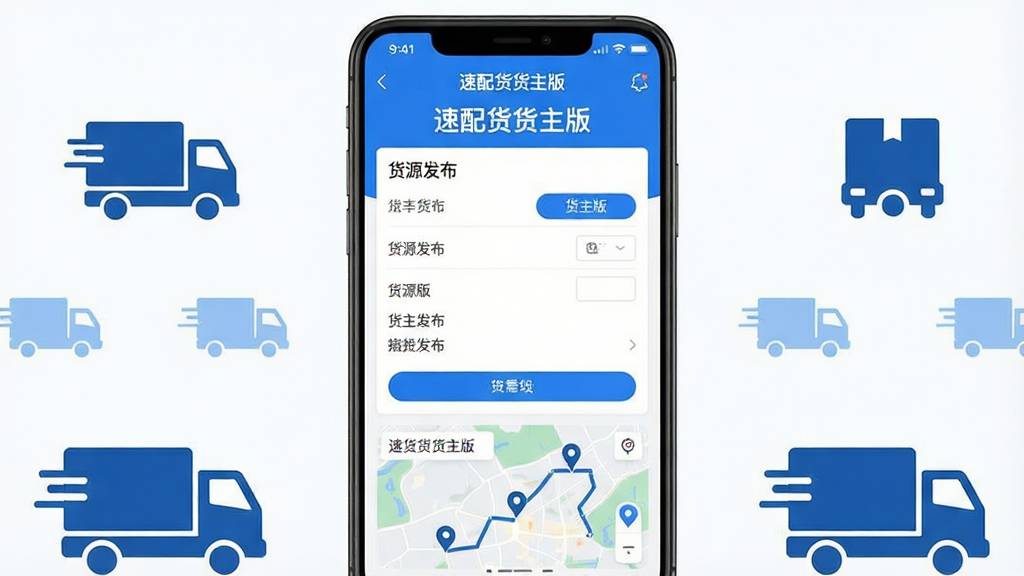 画面主体为一部竖屏安卓手机,屏幕中显示“速配货货主版”应用界面,界面包含货源发布表单与地图轨迹模块;布局为手机居中、左右两侧以简洁的物流图标与货车剪影作装饰;排版上软件名称“速配货货主版”置于画面顶部居中位置;风格为现代扁平化科技风,蓝白主色调;细节包括清晰的按钮、列表与地图标记,整体干净利落;画质高清,干净,无多余元素
