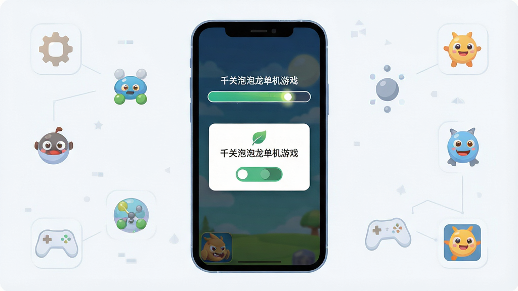 一张手机安装游戏过程的示意图,主体为手机屏幕显示安装进度条与权限确认弹窗,布局手机居中、周围有简洁图标点缀,风格为扁平化科技插画风,细节包含进度条高光、权限开关按钮、干净的浅色背景,画质清晰整洁,无多余元素,图片中显示文字“千关泡泡龙单机游戏”