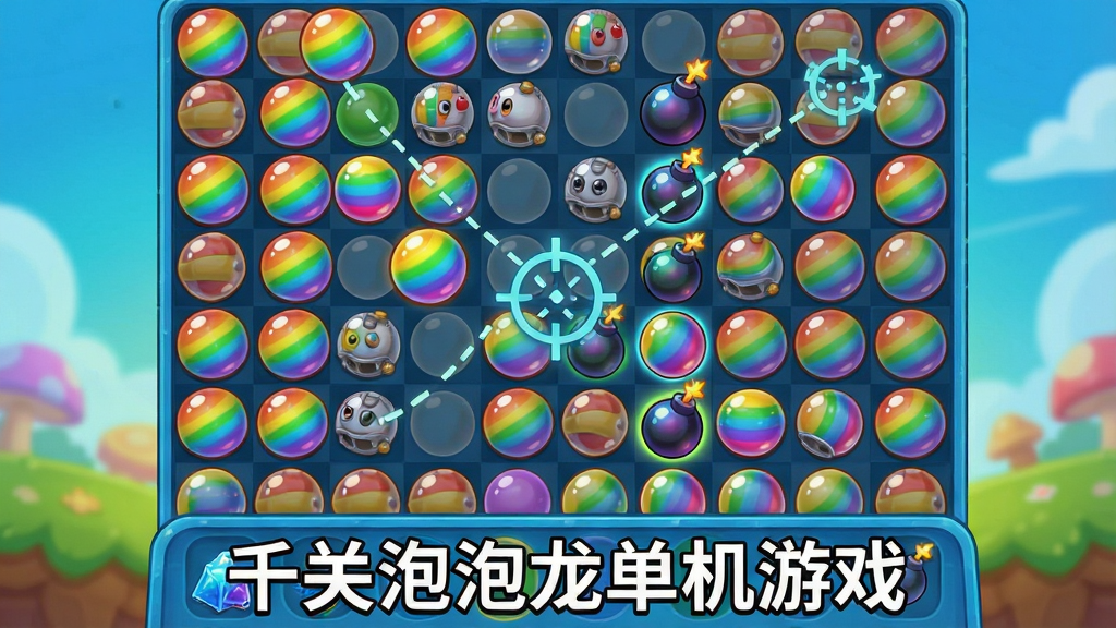 一张展示泡泡龙道具与瞄准辅助线的界面图,主体为游戏棋盘中央出现彩虹泡泡与炸弹图标,布局为棋盘占画面主体、道具栏位于底部,风格为明快卡通插画风,细节包含彩色泡泡群、虚线瞄准轨迹、道具发光效果,画质细腻干净,无多余元素,图片中显示文字“千关泡泡龙单机游戏”