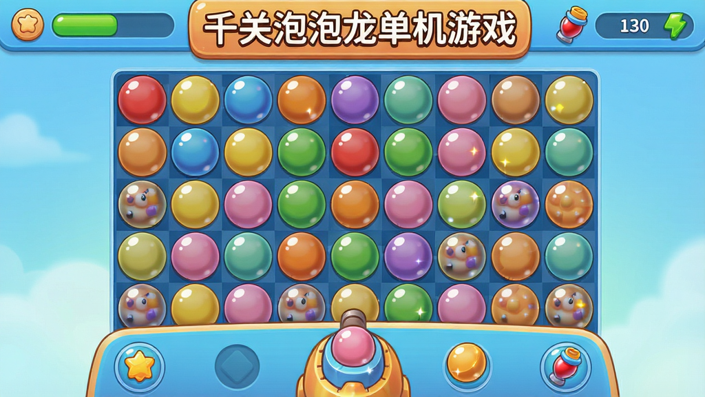 一张横版游戏主界面展示图,画面主体为色彩缤纷的泡泡龙棋盘,顶部显示关卡进度与分数,底部有发射器与待发射泡泡,背景为柔和渐变的天蓝色,布局上方为标题区域下方为操作区域,风格为清新卡通休闲风,细节包含圆润的泡泡质感、轻微高光反射、道具图标点缀,画质清晰明亮,整体干净无多余元素,图片中显示文字“千关泡泡龙单机游戏”