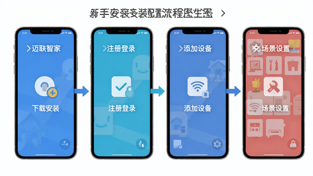 迈联智家新手安装配置流程图生图,画面以手机界面步骤图形式展示下载安装、注册登录、添加设备、场景设置四个环节,布局为横向流程排列,风格扁平化信息图,细节包含箭头引导与图标标识,画质清晰干净