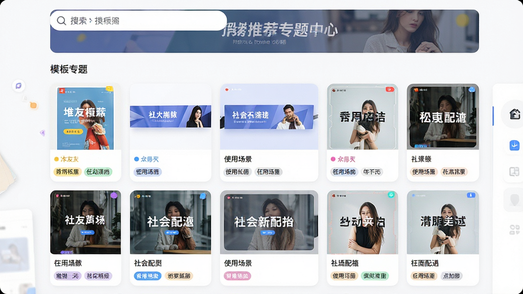 堆友平台模板中心界面展示图。画面主体为软件内的模板浏览页面,页面以网格形式排列着多张设计模板缩略图,包含海报、banner、社交配图等不同类型,每张缩略图下方标注模板名称与使用场景标签。布局为顶部搜索栏加下方三列网格排列,风格为清新明亮的卡片式UI风格,细节包含缩略图的圆角边框、分类标签的彩色点缀以及页面顶部的推荐专题横幅。画质清晰,画面干净,无多余装饰。