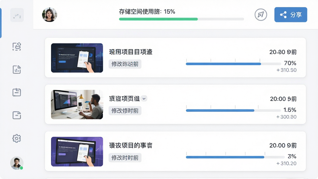 堆友平台云端项目管理界面图。画面主体为软件的项目列表页面,以卡片形式展示多个设计项目的缩略图与修改时间,页面顶部显示账户头像与存储空间使用进度条,右侧有分享按钮图标。布局为纵向列表式排列,风格为轻量级SaaS后台风格,细节包含卡片上的项目名称文字、修改时间标签以及进度条的百分比刻度。画质清晰,画面干净,无杂乱装饰。