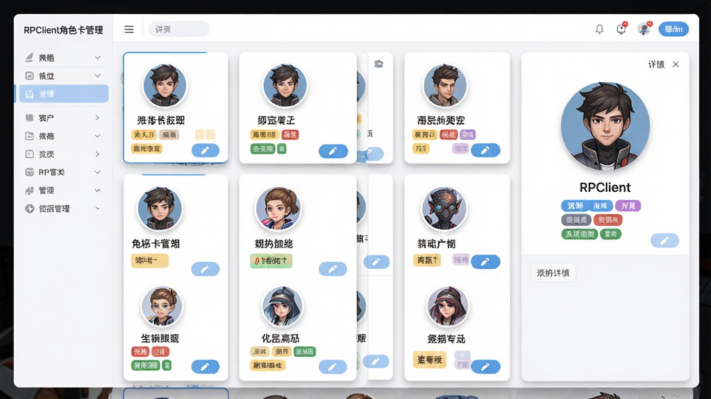 画面主体为RPClient角色卡管理界面,布局采用网格卡片式排列,每张卡片展示角色头像、名称与标签,界面左侧有分类侧边栏,右侧为角色卡详情预览区,风格为清爽浅色系UI,细节包括卡片阴影、圆形头像框、标签色块与编辑按钮,画质高清干净,画面中文字为“RPClient角色卡管理”,无多余元素