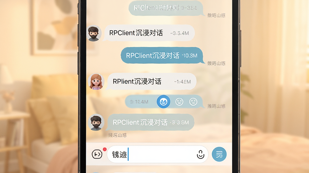 画面展示RPClient对话互动界面,主体为手机屏幕中的聊天气泡对话场景,左侧为角色头像与对话内容,右侧为用户输入框与发送按钮,背景为柔和暖色调,布局为竖向聊天流,风格为简约社交应用风,细节包括时间戳、气泡圆角、输入光标与表情按钮,画质清晰干净,画面中文字为“RPClient沉浸对话”,无多余元素