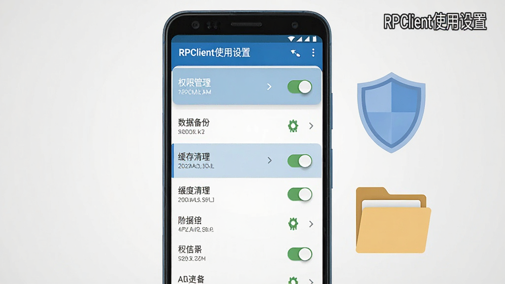 画面主体为一部安卓手机屏幕显示RPClient设置界面,布局为竖向列表式设置项,包含权限管理、数据备份、缓存清理等选项,手机旁放置一个盾牌图标与文件夹图标象征安全与存储,背景为浅灰渐变,风格为扁平化实用工具风,细节包括开关按钮、箭头指示与图标配色,画质清晰干净,画面中文字为“RPClient使用设置”,无多余元素