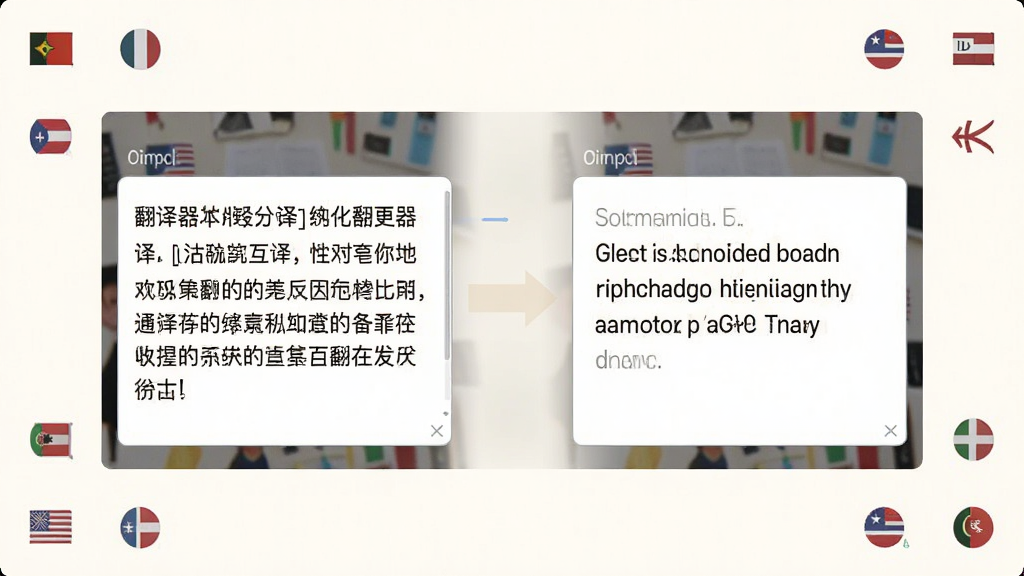 一张横向构图的界面示意图,画面主体为翻译器(多语种互译)的文字翻译工作区,左侧输入框内写着中文段落,右侧输出框显示英文译文,中间用一条带箭头的浅色引导线连接,背景为柔和的米白色,四周点缀不同国家的语言符号小图标,风格简洁现代,排版整齐,画质细腻干净