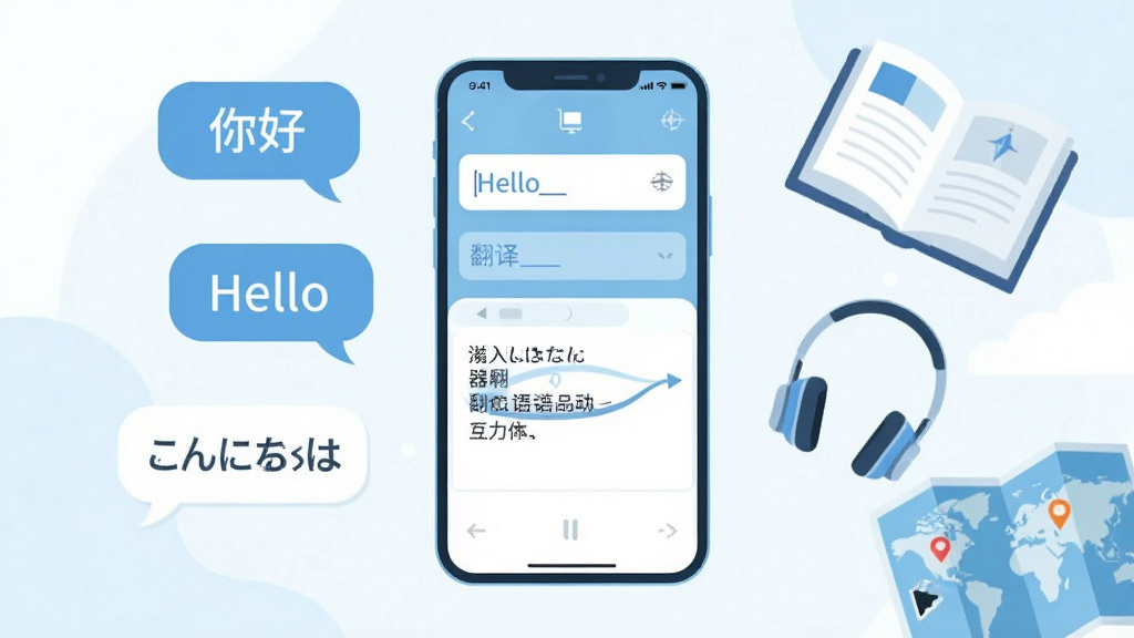 画面中央放置一部竖屏手机,手机屏幕上显示翻译器(多语种互译)的输入框与译文结果区域,左侧漂浮着写有“你好”“Hello”“こんにちは”的对话气泡,右侧散落书本、耳机与旅行地图元素,整体采用浅蓝与白色搭配的扁平插画风格,布局左右平衡、留白充足,细节上突出文字转换的流动感,画质清晰干净,无多余装饰元素