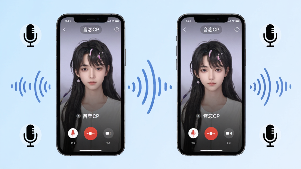 音恋CP语音连麦场景,画面中央为两部手机通过声波线条连接,屏幕内显示“音恋CP”语音通话界面,周围环绕麦克风与声波图标,背景为浅蓝色渐变,布局对称简洁,风格现代清新,细节清晰,画质干净高清