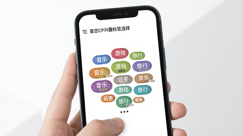 音恋CP兴趣标签选择页面,手机屏幕内呈现彩色标签云布局,标签包含“音乐”“游戏”“旅行”等文字,画面主体为手持手机的操作视角,背景为简洁白色与浅灰搭配,风格清爽明快,排版整齐,细节清晰,画质干净高清