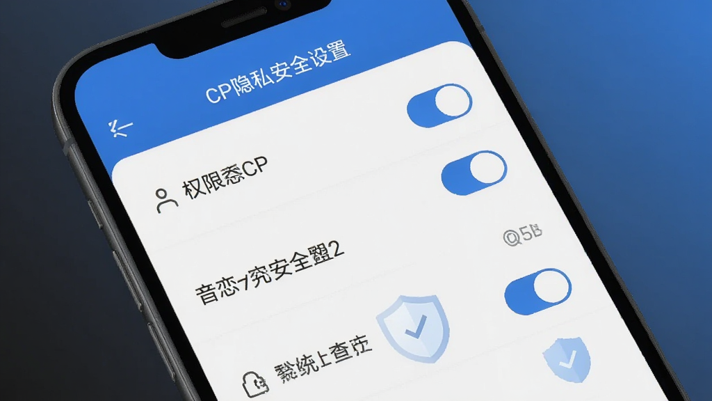 音恋CP隐私安全设置页面,手机屏幕内展示权限开关列表与安全盾牌图标,画面主体为手机界面特写,背景为深灰色与蓝色渐变,风格沉稳专业,布局清晰,细节锐利,画质干净高清